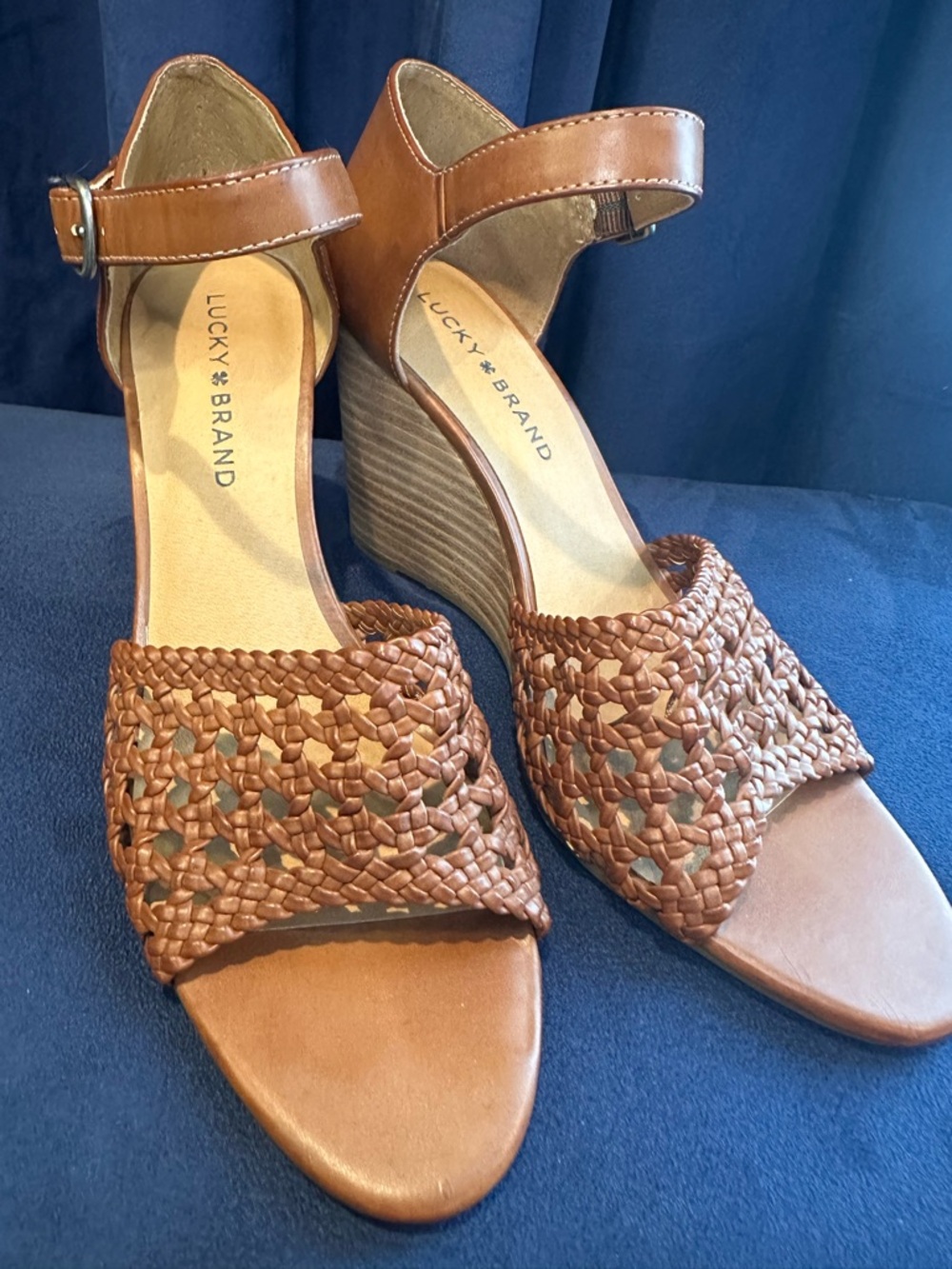 Lucky Brand Tan Woven Leather Wedge Sandals